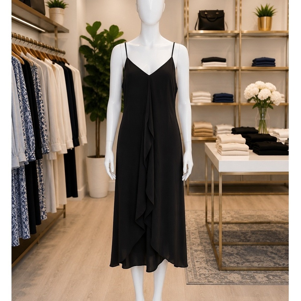 Olivia Grey Womens Midi Dress Black Draped Ruffle Spaghetti Strap Size S